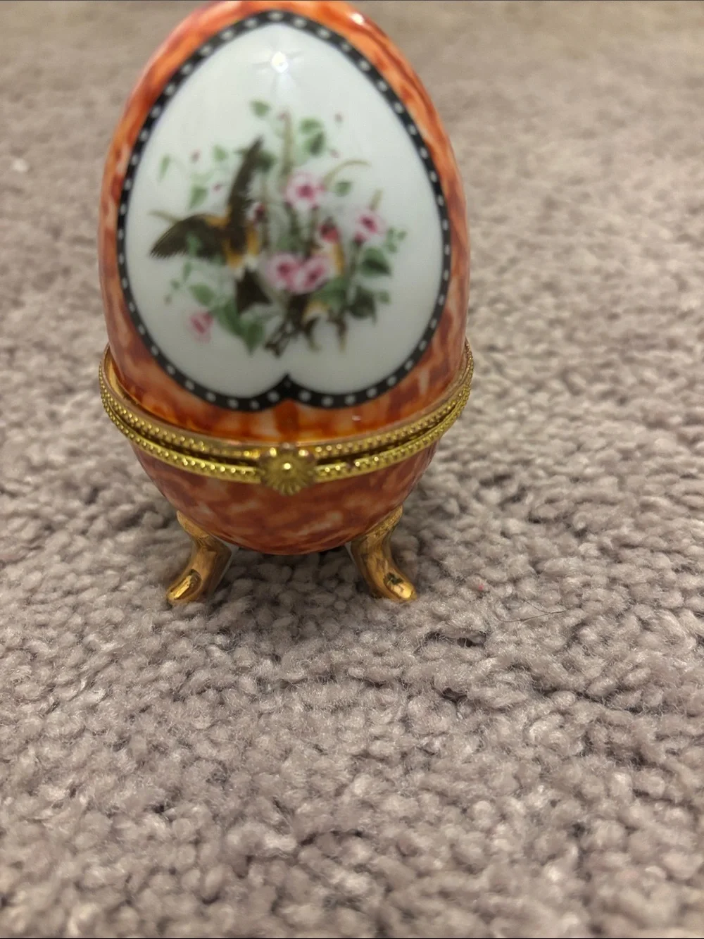 Ornate Orange Decorative Egg Trinket Box with Bird Motif